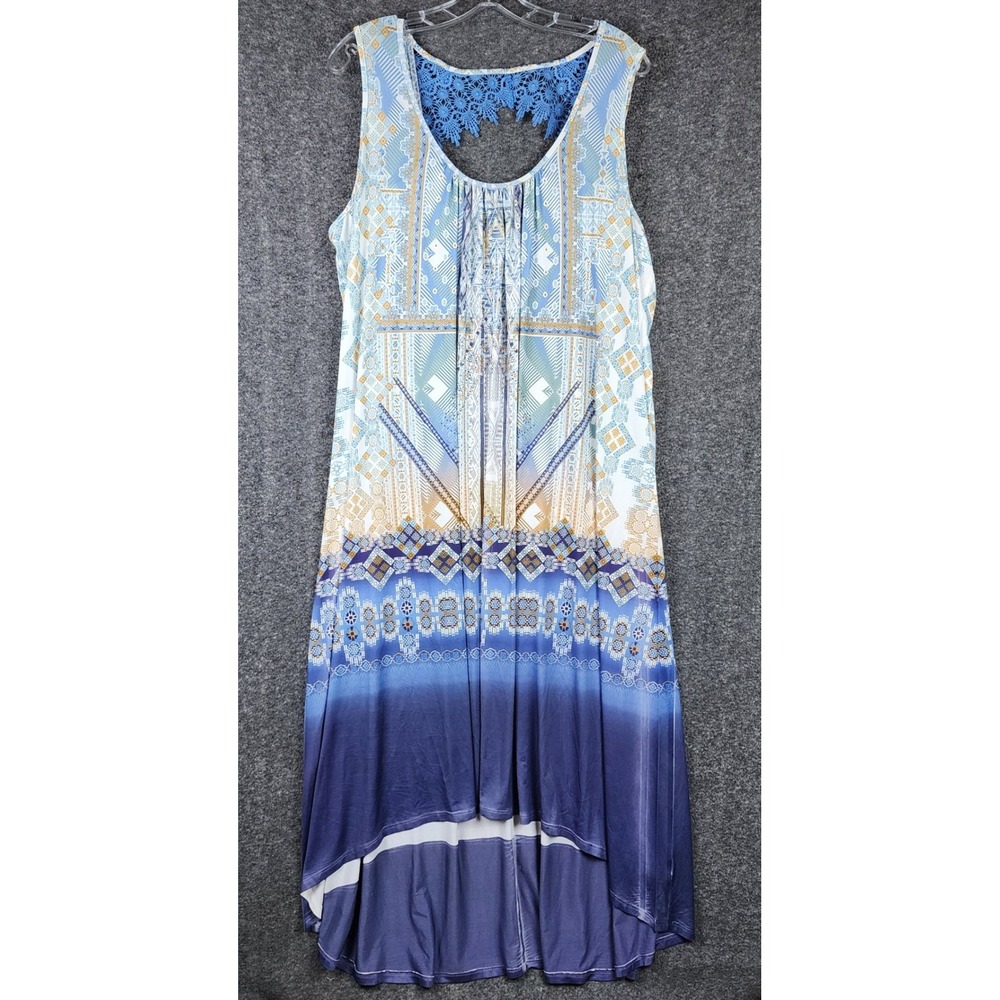 World Unity High-Low Maxi Dress Women 3X Blue Geometric Crochet Lace Back Boho